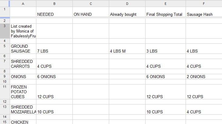 shopping list spread sheet