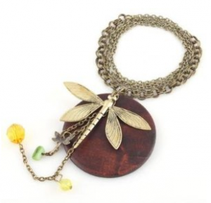 Wood Dragonfly pendant necklace