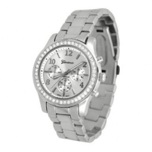 Geneva Chronograph Look with Crystals SilverTone Metal Link