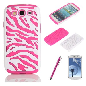 Pandamimi Pink White Zebra Combo Hard Soft High Impact Samaung Galaxy s3 i9300 Armor Case Skin Gel with free screen protector and stylus