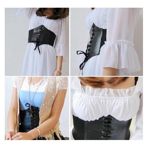 SODIAL(TM) Wide Band Elastic Tied Waspie Corset Waist Belt, Black