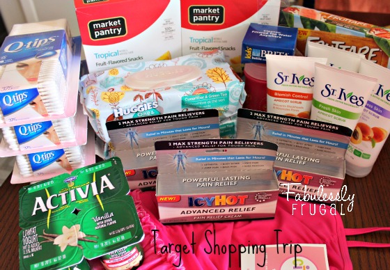 Target Shopping Trip, Q-Tips, Huggies, St. Ives, Brita, Activia, Icy Hot, Fruit Snacks, Swimming Suit