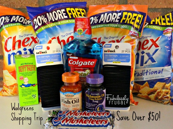 Walgreens Shopping Trip Chex Mix, Scunci, Colgate, Fish Oil, Melatonin, 3 Musketeers, Butt Paste