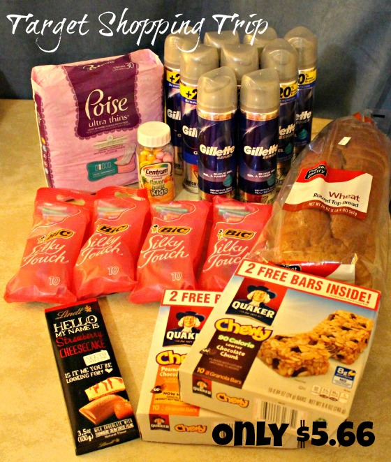 Target Shopping Trip Gillette, Poise, Centrum, Bic, Quaker, Hello Candy, Bread