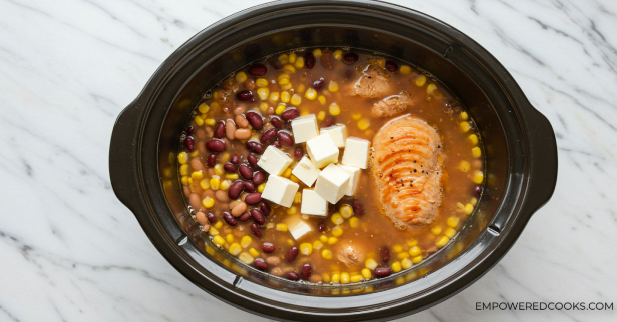 cubed cream cheese in the chili