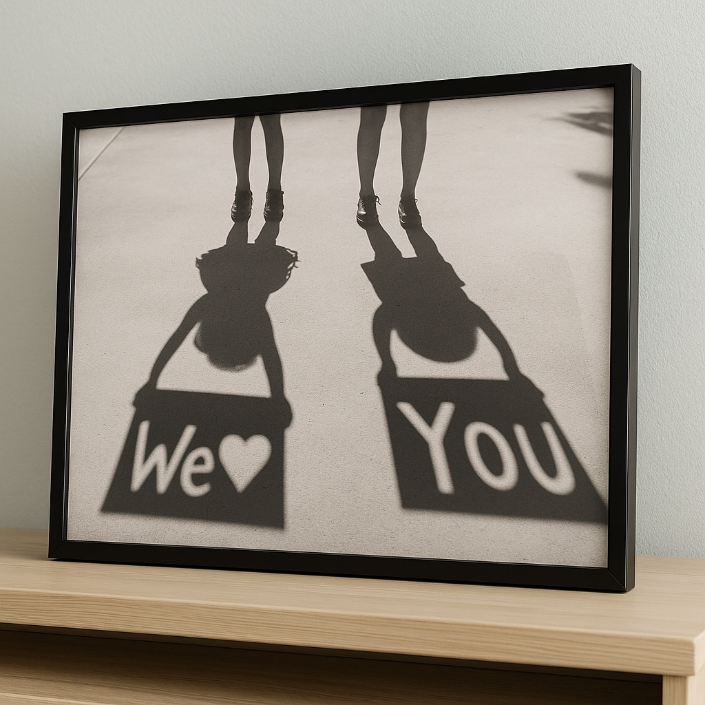 framed picture of shadow cutouts held by kids