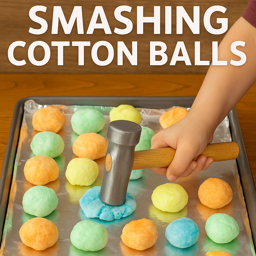 Smashing cotton balls craft on a foil-lined sheet