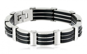 Men's Stainless Steel 3-Row Black Rubber Bracelet