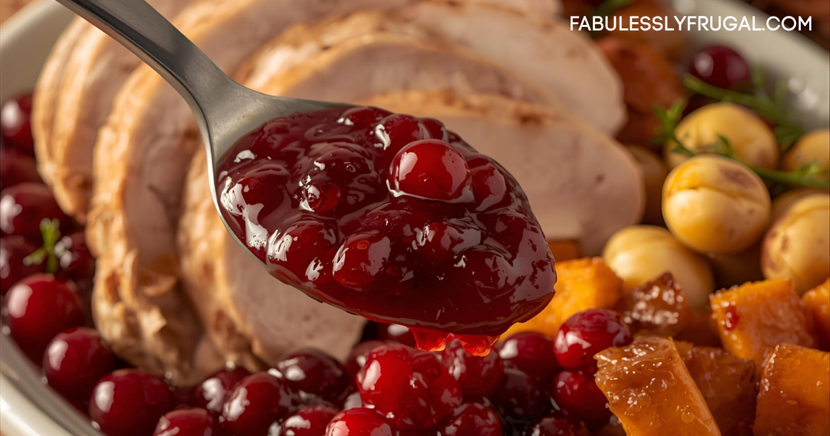 homemade cranberry sauce on a spoon