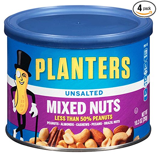 Amazon Planters Mixed Nuts, Unsalted, 10.3 Ounce Canister (4 Pack) 10