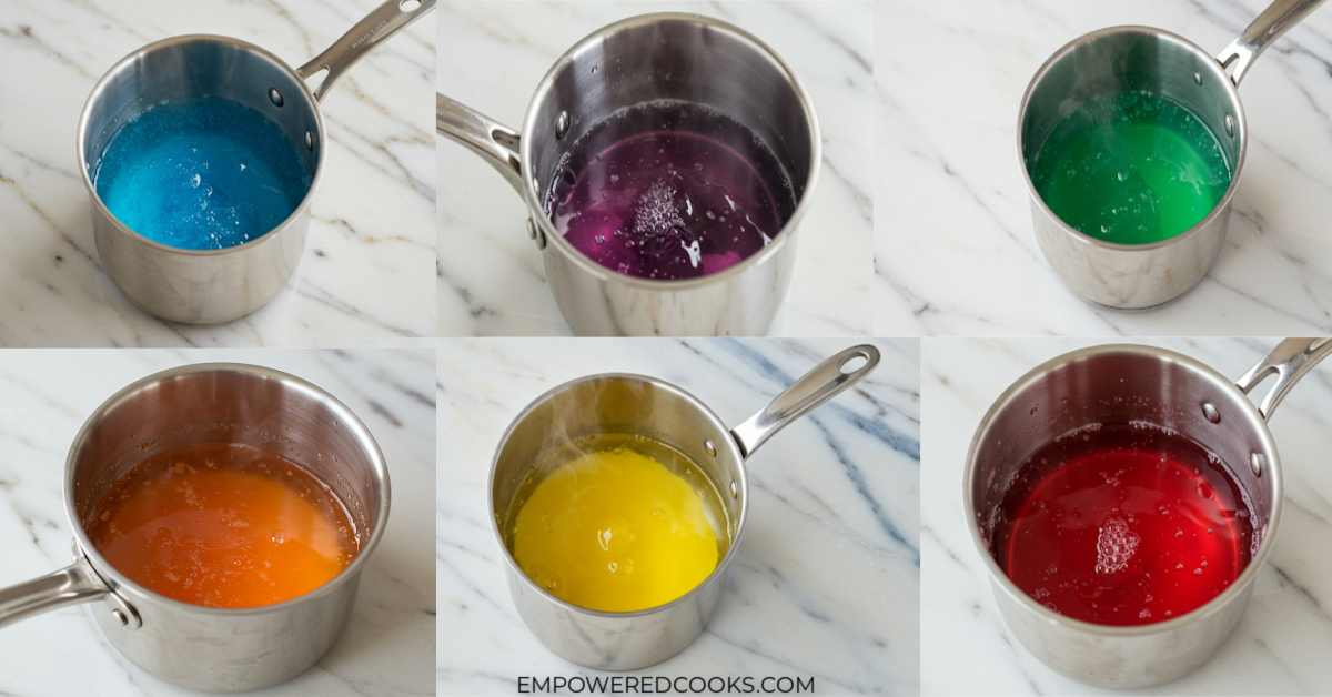 6 colors in boiling water to make rainbow jello