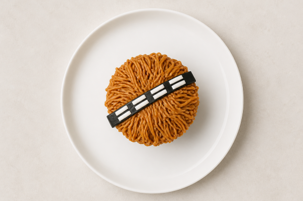 Chewbacca cupcake with brown piped frosting and a black-and-white candy bandolier