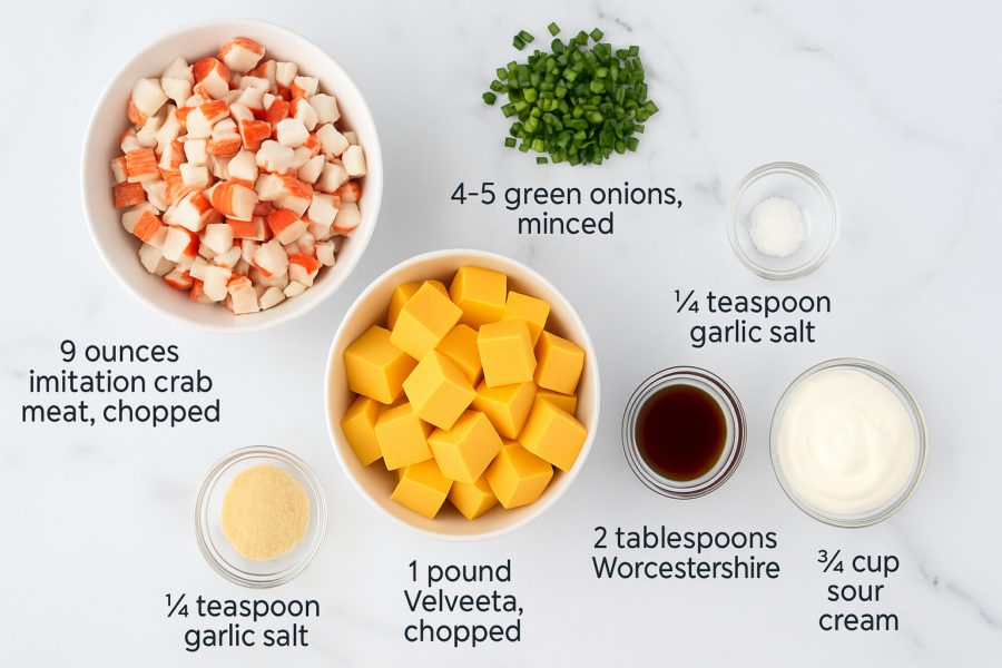 Prepared ingredients for cheesy crab dip on a white marble countertop