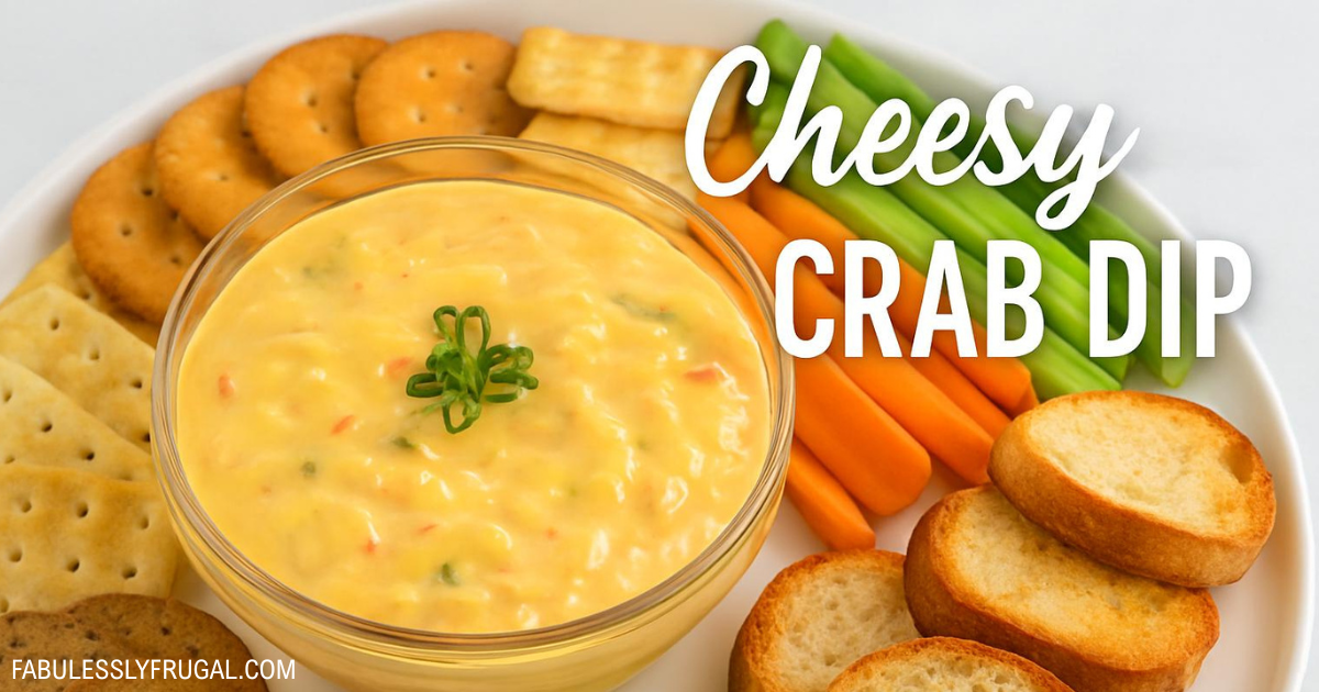 Air fryer cheesy crab dip served in a bowl with crackers – fabulesslyfrugal.com branding and Montserrat font used