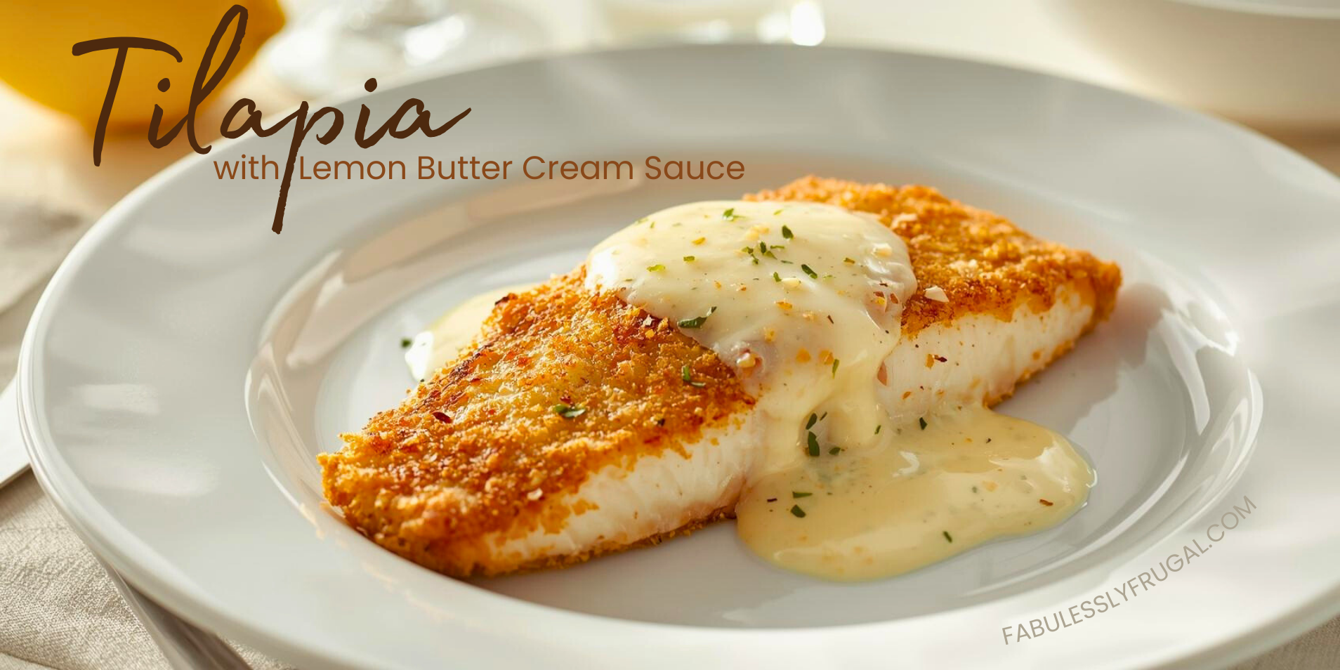 tilapia with lemon cream sauce topped with lemon butter cream sauce on a plate