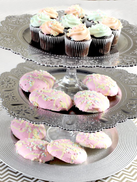 DIY 3 tier serving tray with muffins and cookies on it