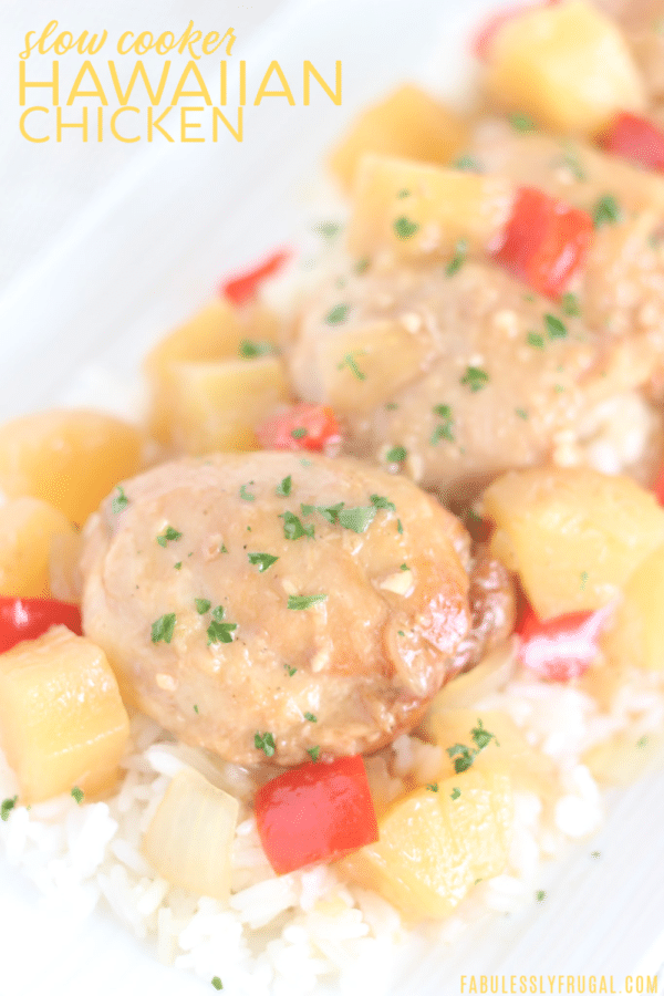 Finished Hawaiian chicken cooked in a slow cooker – fabulesslyfrugal.com branding
