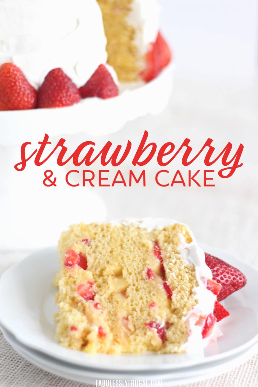 Slice of strawberry whip cream cake on a plate
