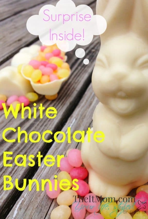 White chocolate easter bunnies with jelly beans inside