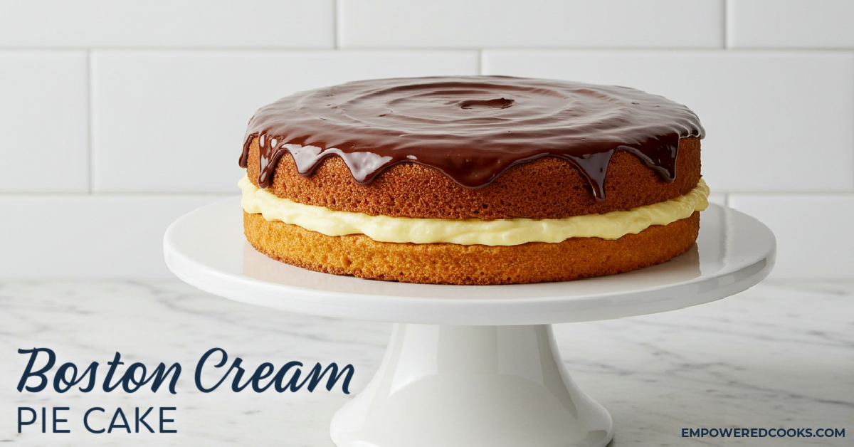 Boston Cream Pie Cake on a cake stand