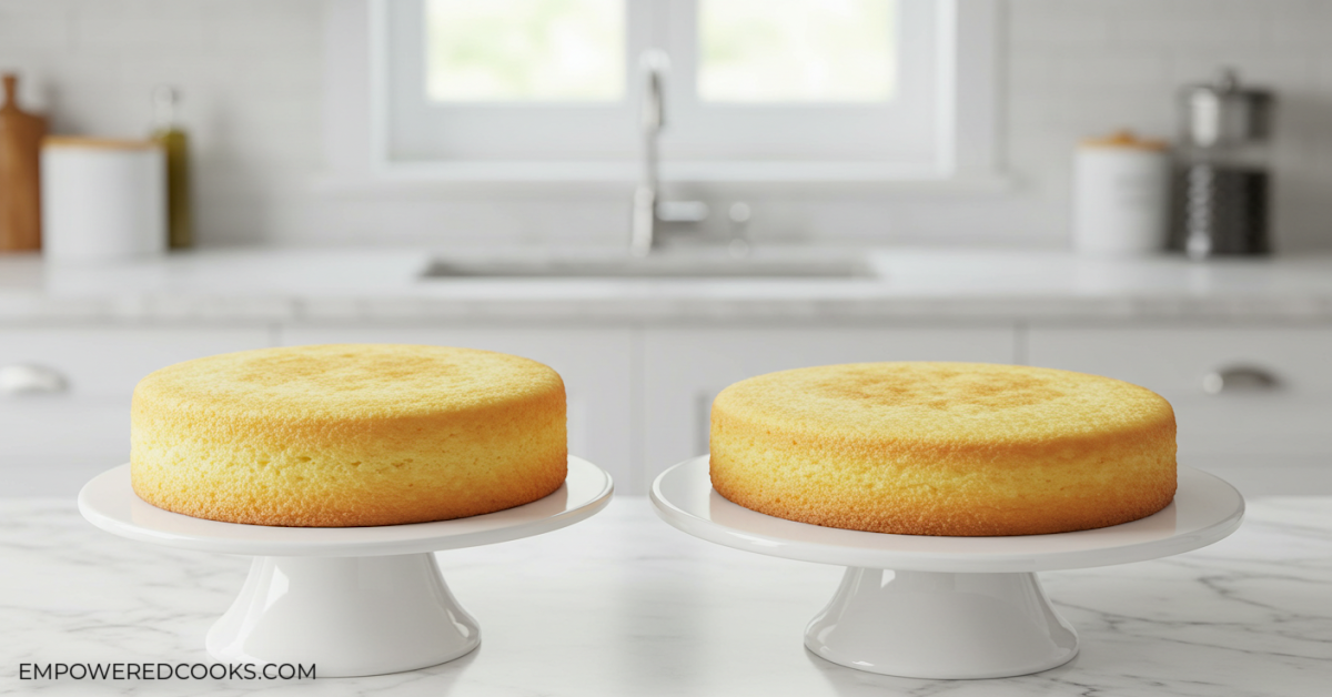 2 baked cakes on cake stands