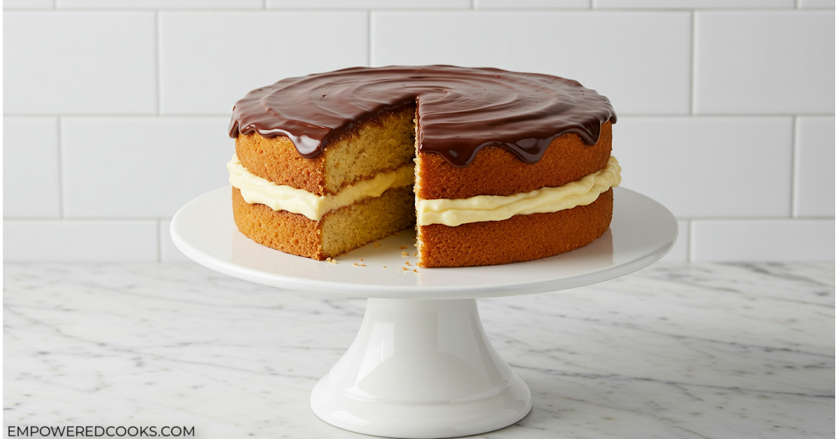 Boston Cream Pie Cake with chocolate ganache and a vanilla pudding mixture