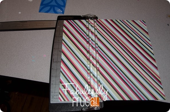 Trimming scrapbook paper for diy post it note holder teacher gift