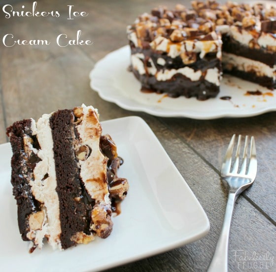 snickers ice cream cake slice with text