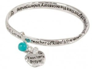 Teacher Prayer Silver Tone Bangle Bracelet with Dangling Apple Charm