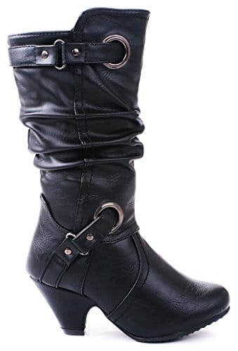 JJF Shoes PE26 Kids Mid Calf Slouch Buckle Strap Zip Leatherette Dress Boots