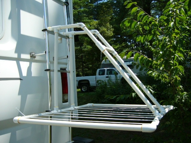 PVC drying rack hanging from RV ladder