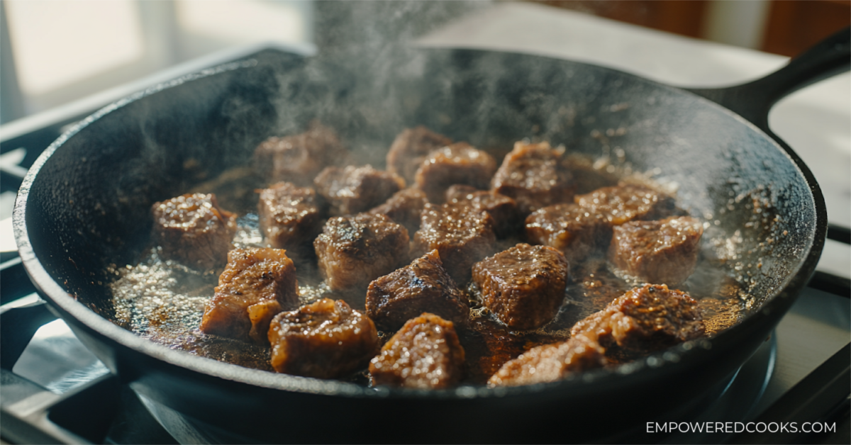 frying stew meat on the stovetop