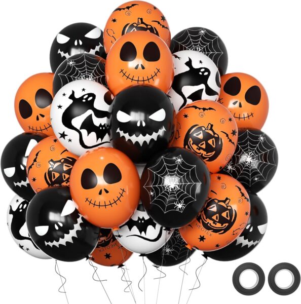 Assorted black, orange, and white Halloween balloons with faces