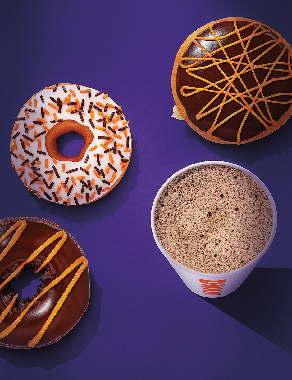 Dunkin' Halloween donuts and coffee on purple background