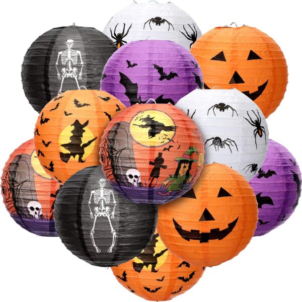 Pack of 12 orange paper pumpkin lanterns with faces