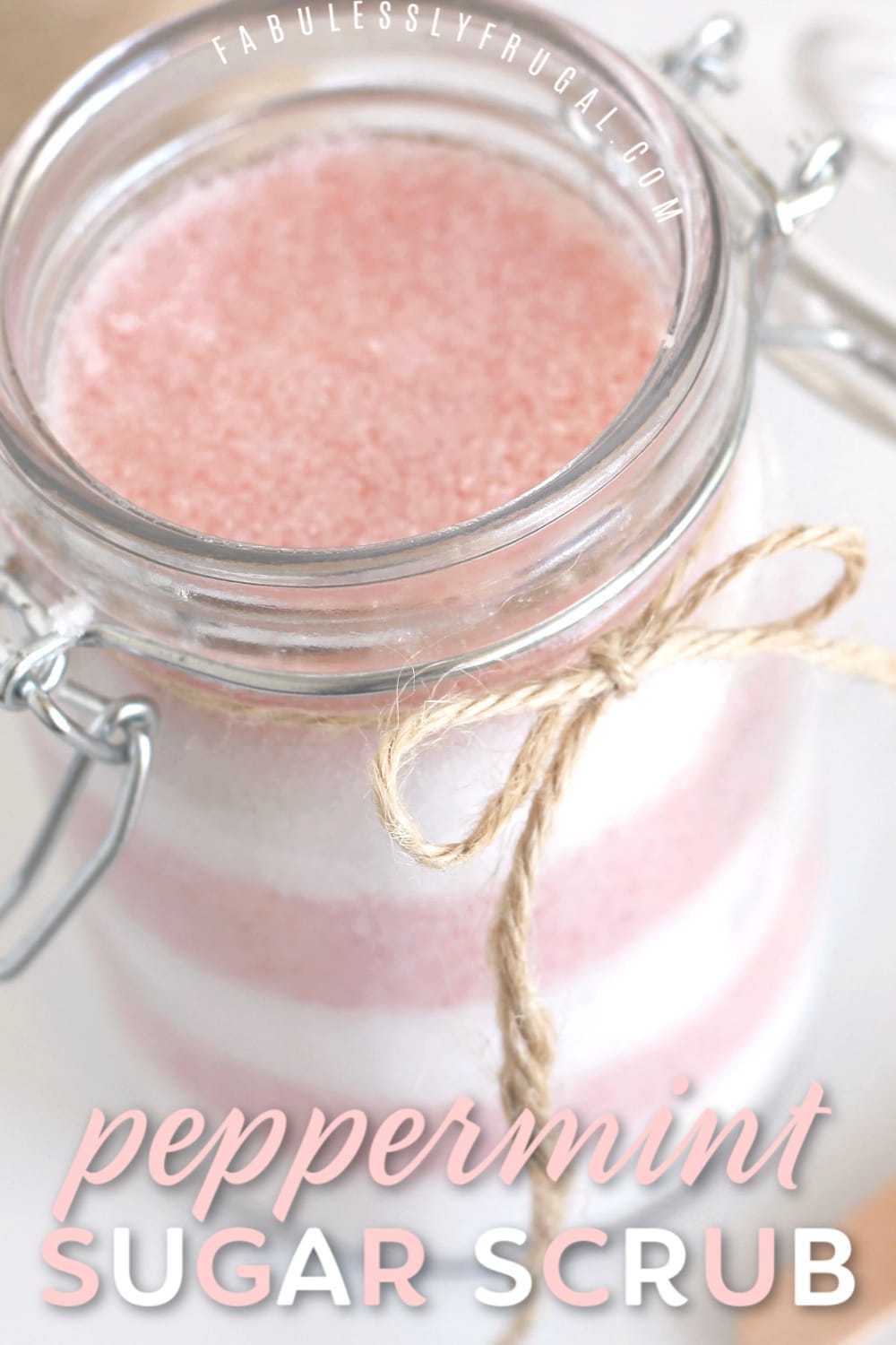 Close up homemade peppermint scrub layered pink and white