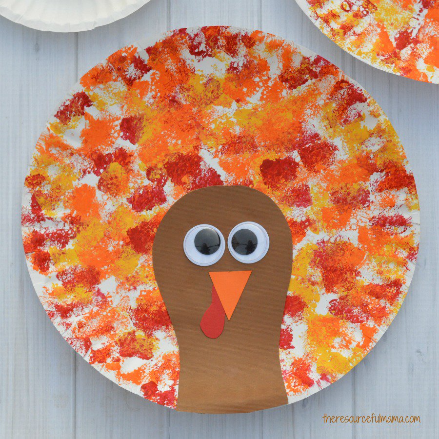 Sponge painted paper plate with paper turkey head