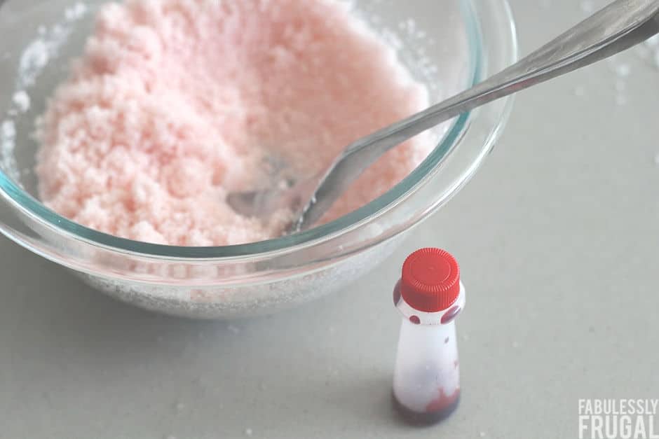 sugar scrub mixture turned pink with food coloring