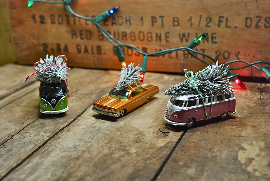 Vintage car with tree ornaments