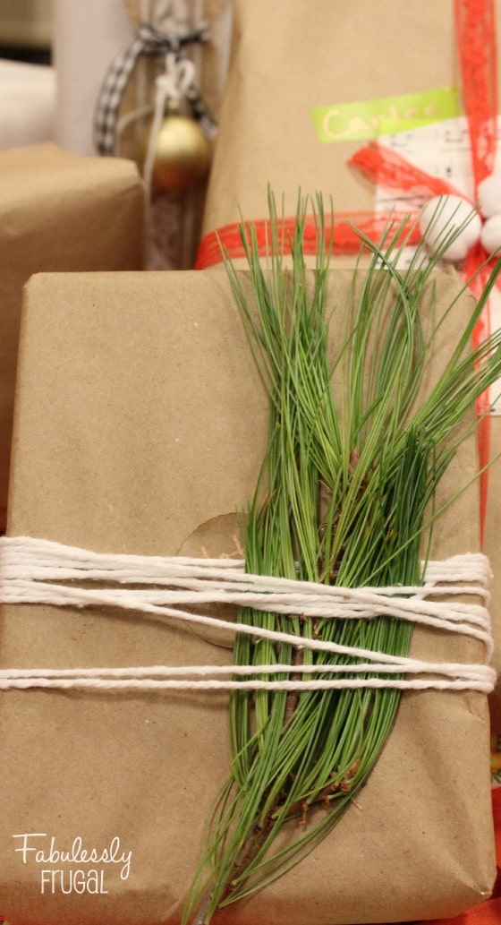 Brown bag wrap with twine attaching pine