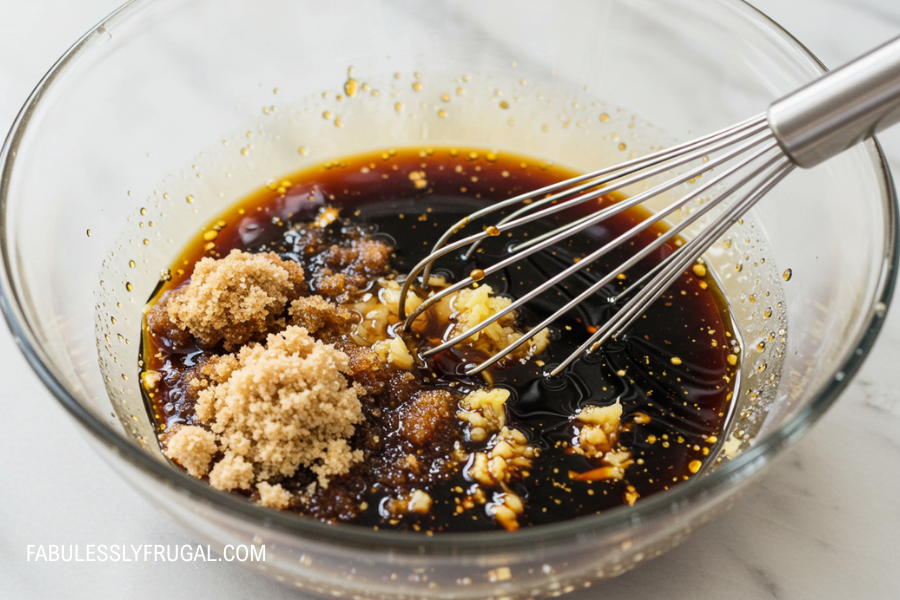 Soy-based pineapple sauce for Hawaiian chicken mixed in a small bowl – fabulesslyfrugal.com branding