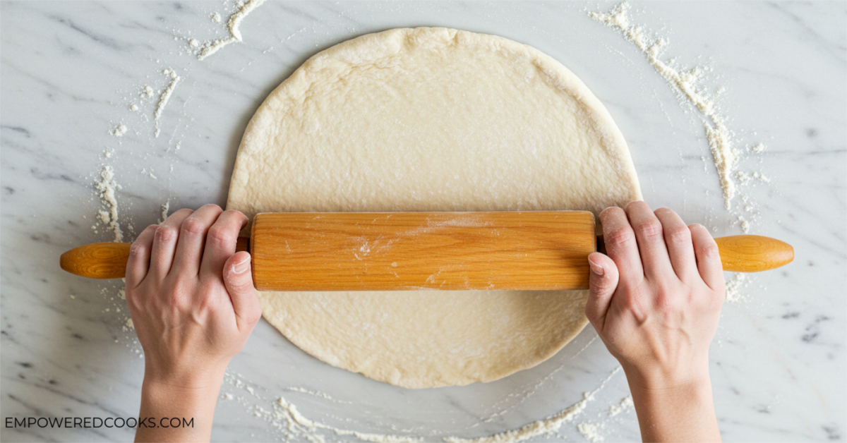 rolling out pizza dough