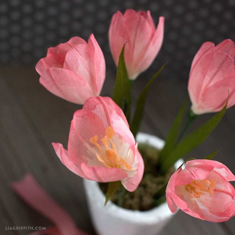 5 crepe paper tulips in a flower pot