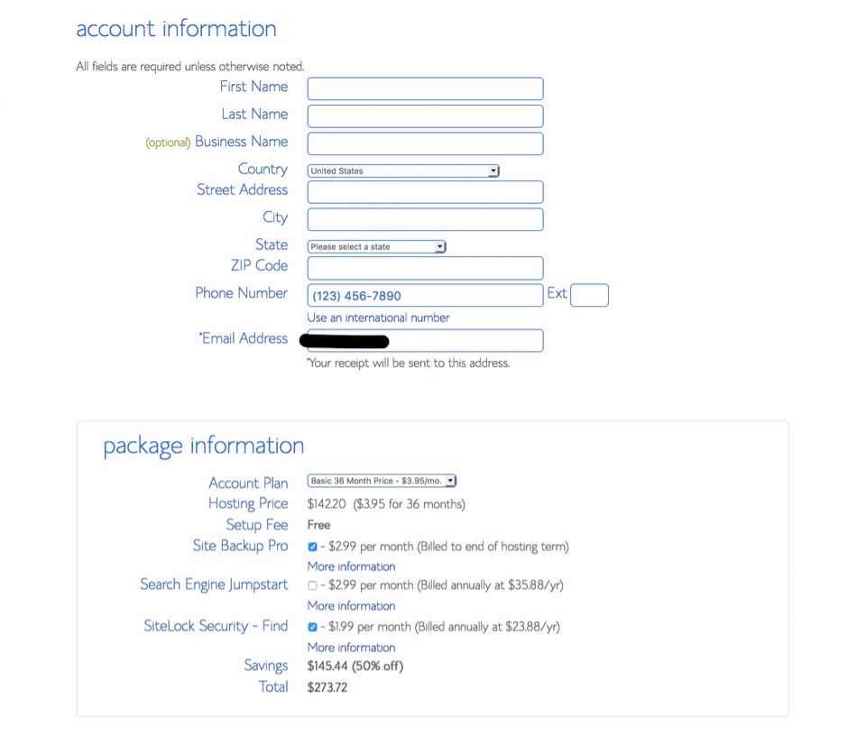 Bluehost account and package information section