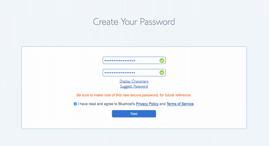 Bluehost password entry