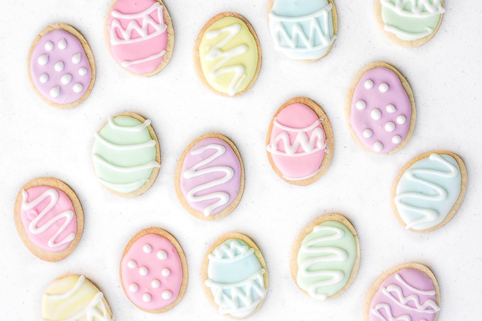 Variety of sugar cookies decorated like Easter eggs
