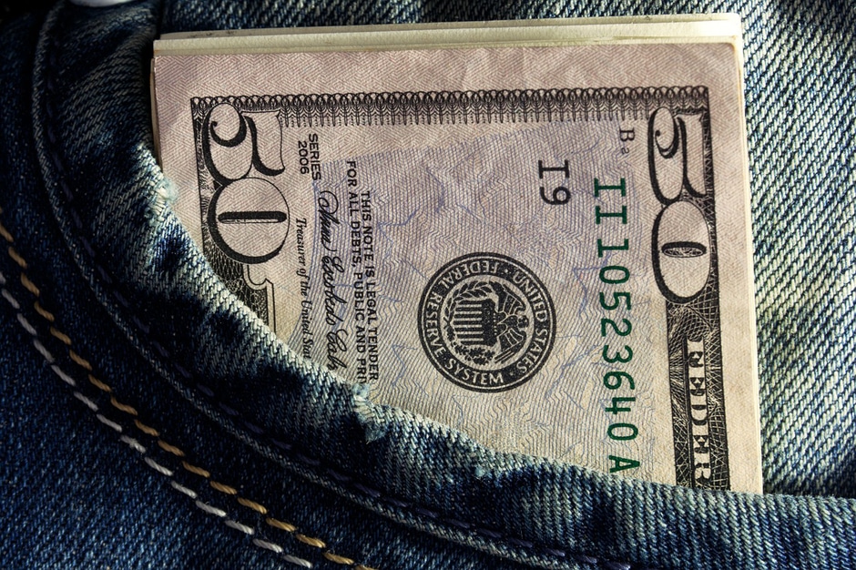 US 50 dollar bills in a jean pocket