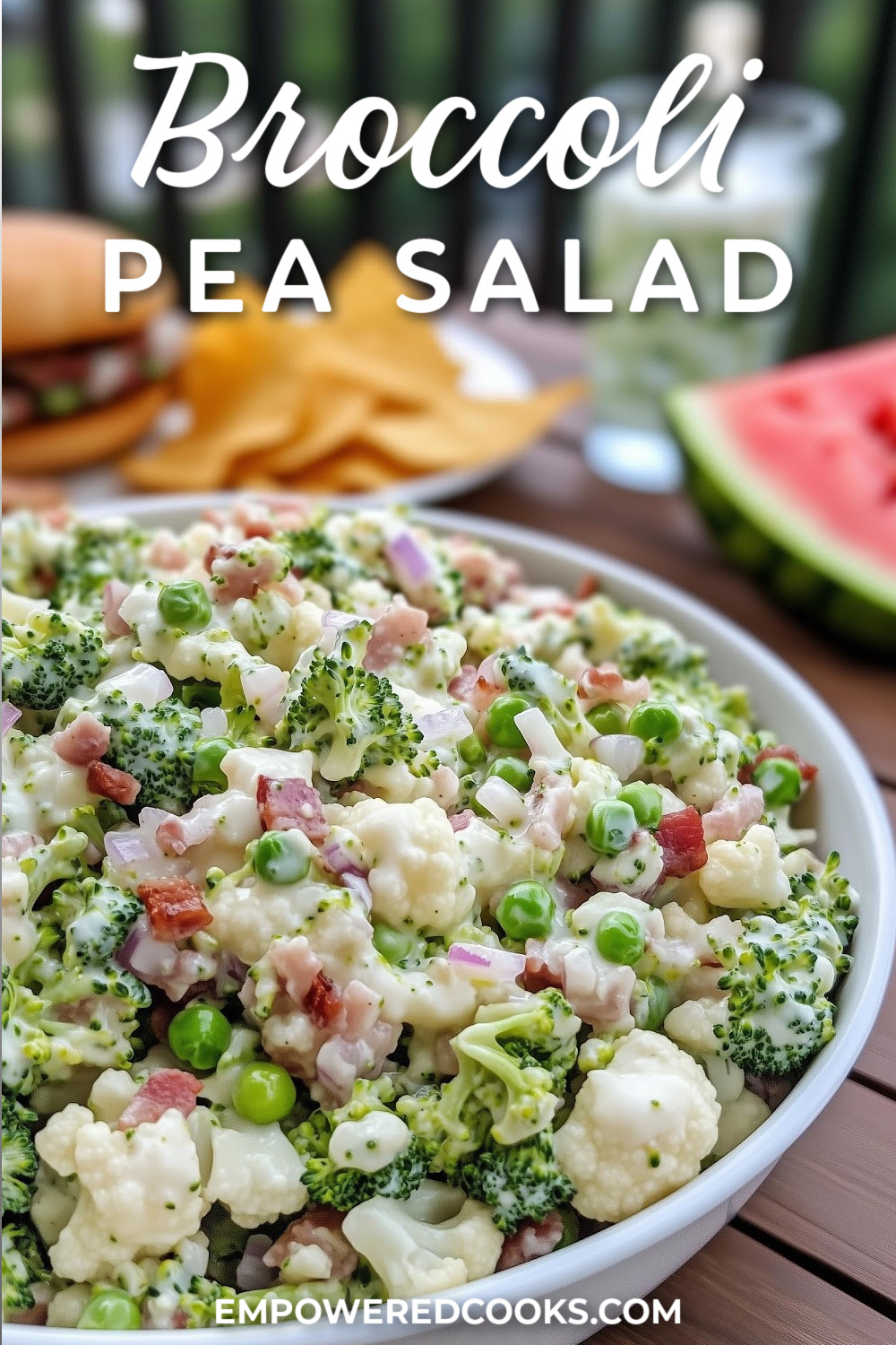 Broccoli pea salad on a picnic table