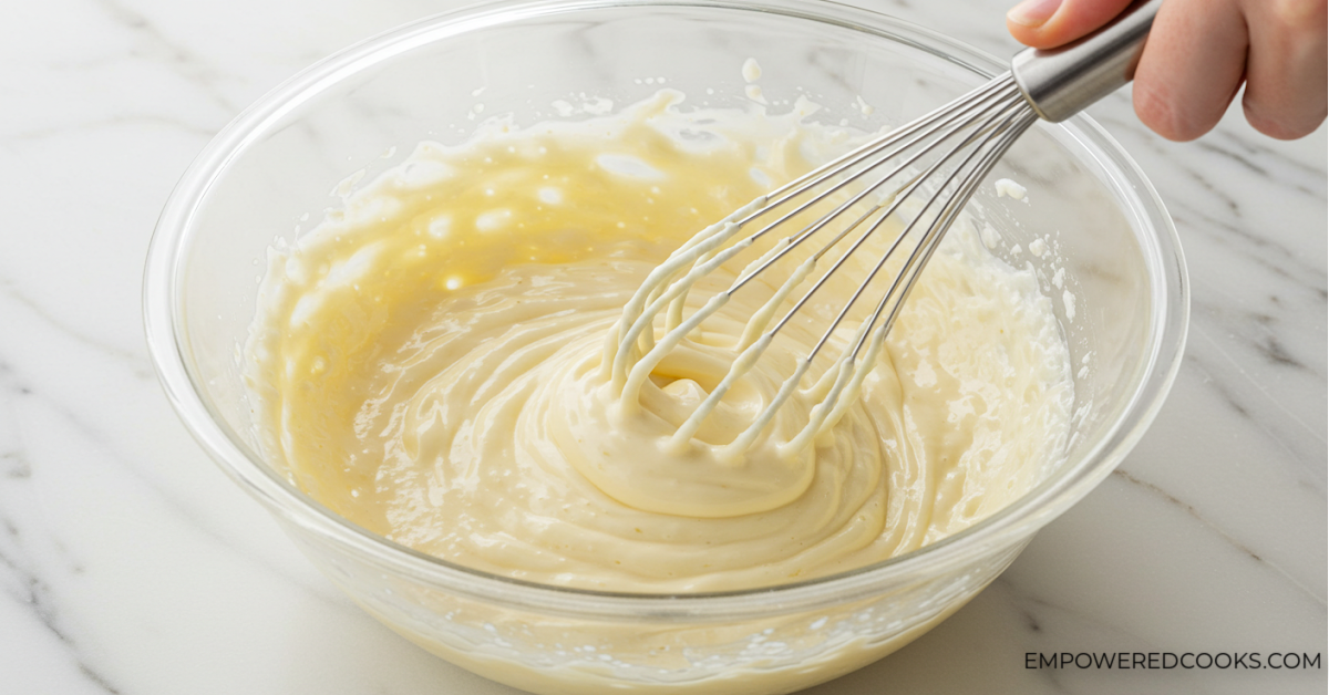 mixing the mayo and vinegar dressing