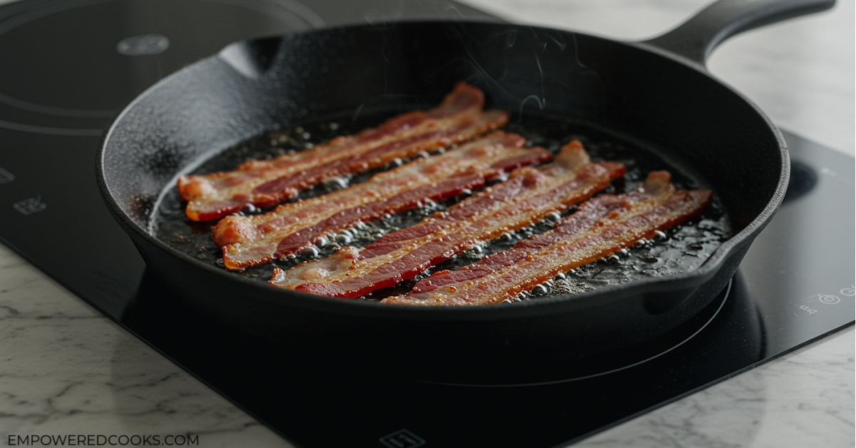 sizzling bacon on the stovetop